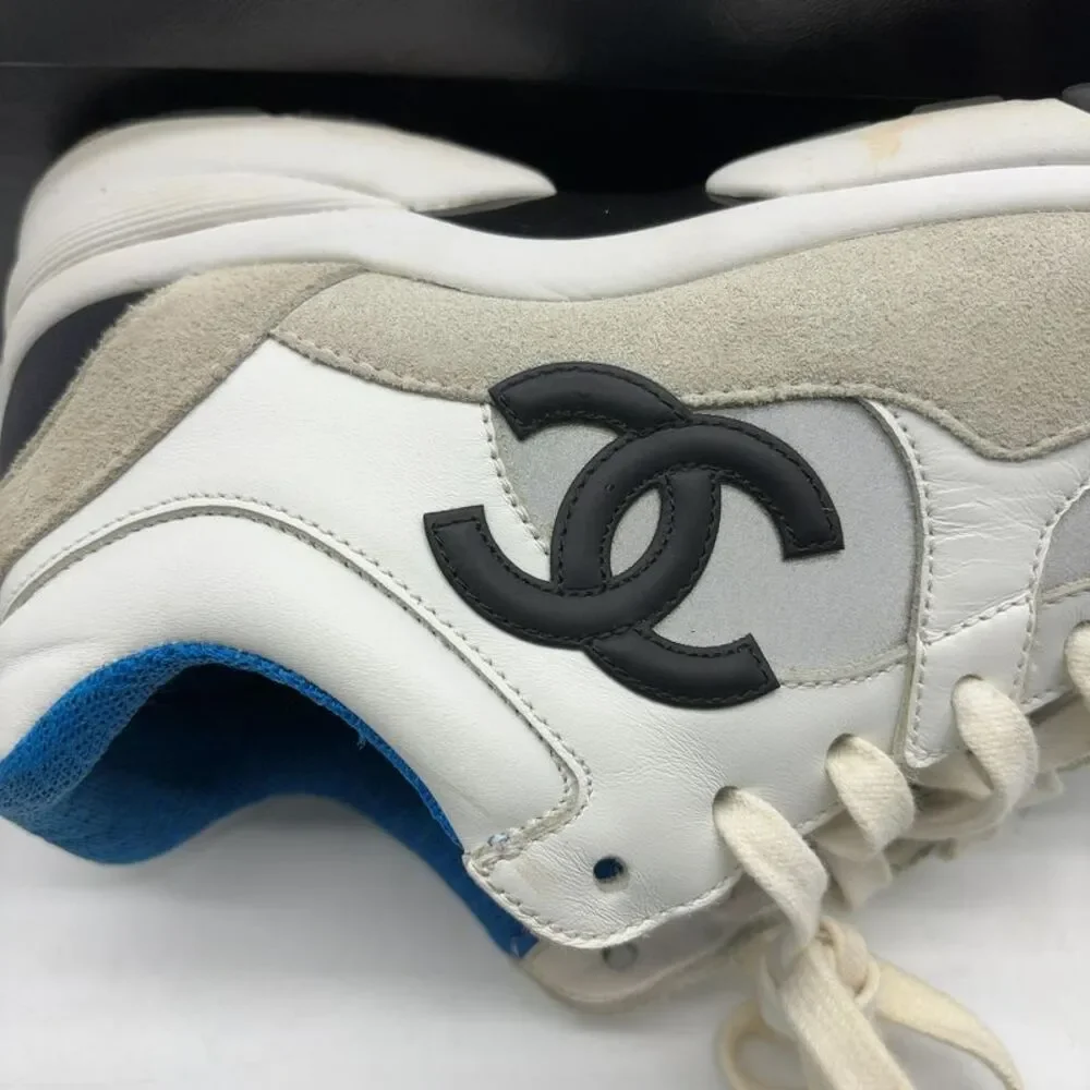 CHANEL White and Blue Sneakers